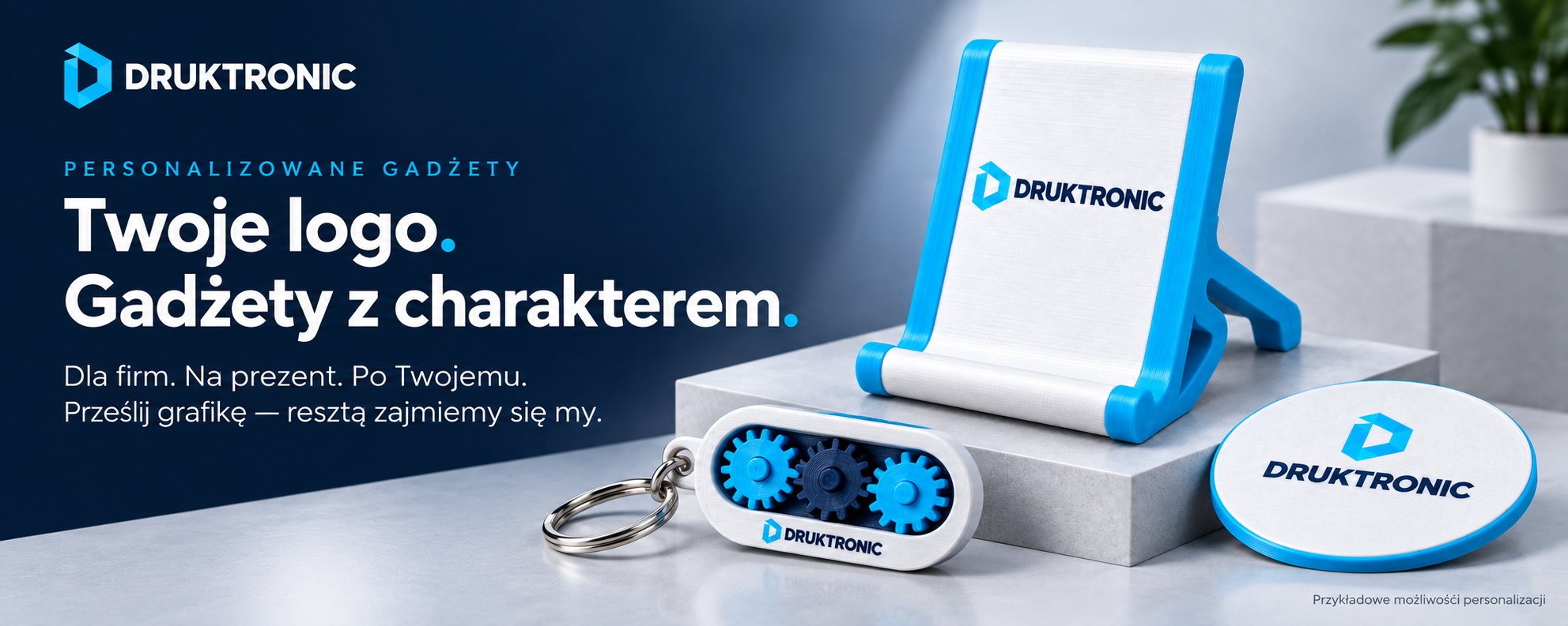 Personalizowane gadżety DRUKTRONIC — Twoje logo. Gadżety z charakterem. Prześlij grafikę — resztą zajmiemy się my.